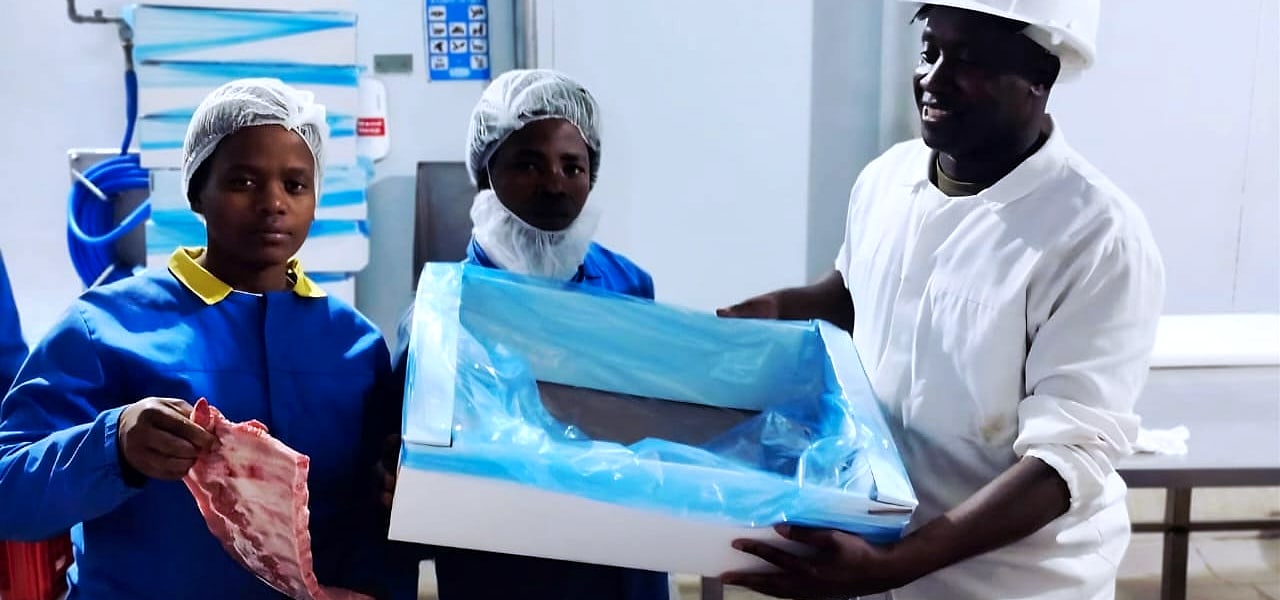 Prime Pork staff in protective clothing packing boxed meat